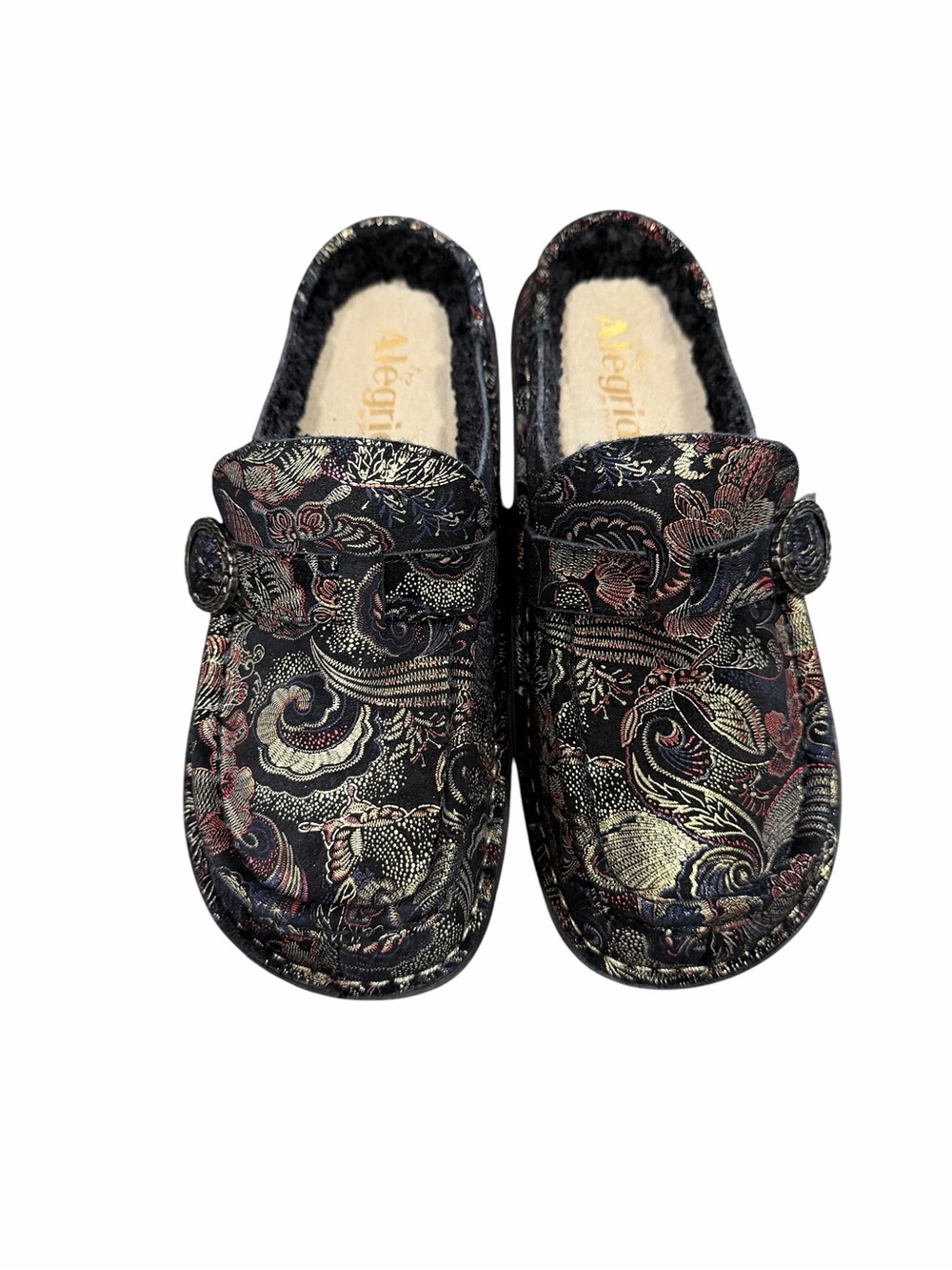 ALEGRIA Brigid Slip On Clog Golden Hour Sherpa Black Gold Size 7-7.5 - Picture 6 of 8